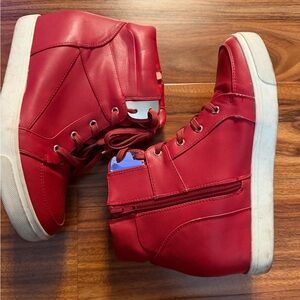 Red High-Top Lace-Up Wedge Sneakers